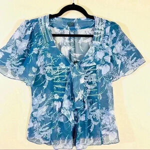 Sartoria Benetton Blue & White Italian Semi-Sheer Tie Short Button Blouse Size S